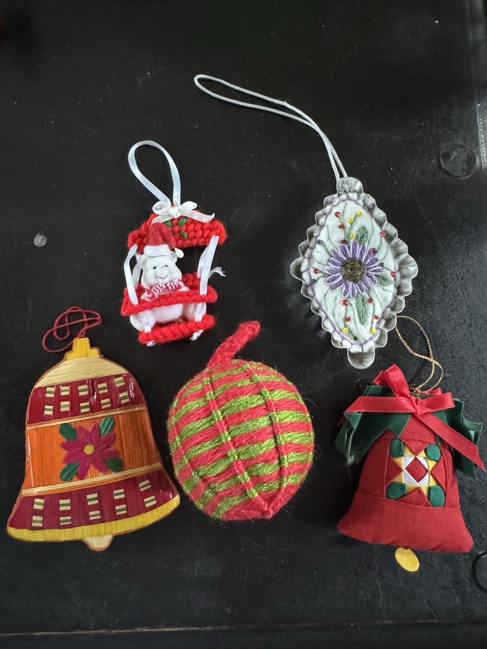 Various Crochet Yarn Embroidered Tin LOT Of 5 Christmas Ornaments Holiday #CO